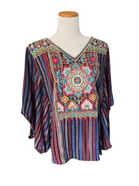 Savanna Jane Multicolor Embroidered V-Neck Striped Tunic